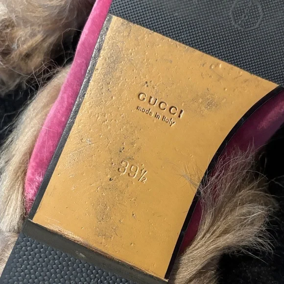 Gucci Pink Suede Mules with Fur and Gold Accent - Picture 2 of 10